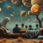 a group of people on a couch watching TV in a dreamlike scene